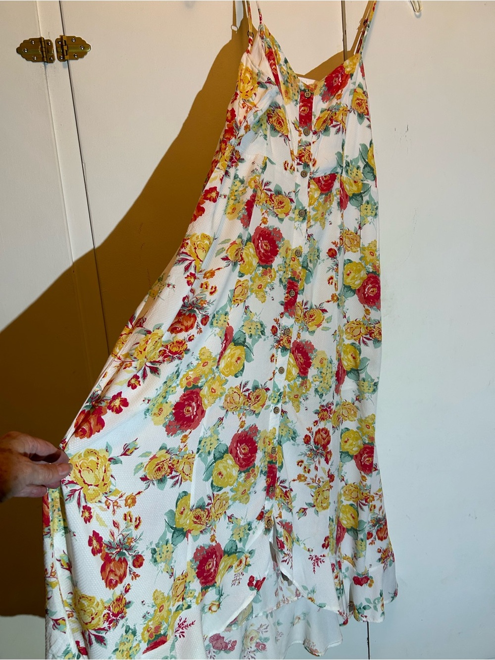 White Floral Spaghetti-Strap Maxi Dress with Red & Yellow Blooms - Picture 9 of 9